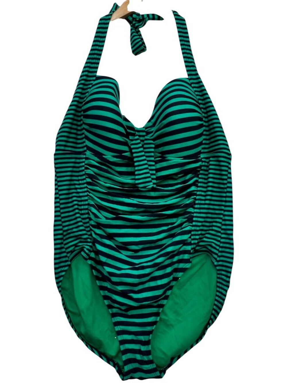 Merona Women's Ruched Front Halter One Piece Swimsuit Size XL Green Blue Stripe